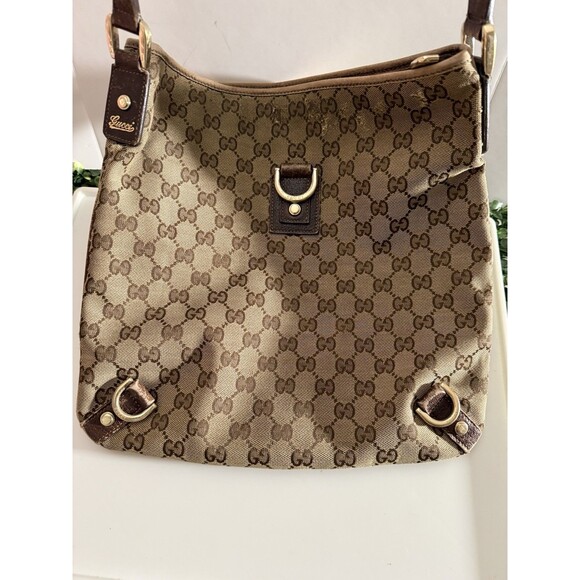 Gucci GG Canvas Brown Messenger Crossbody Bag Leather Trim Gold Hardware Read - Picture 2 of 14